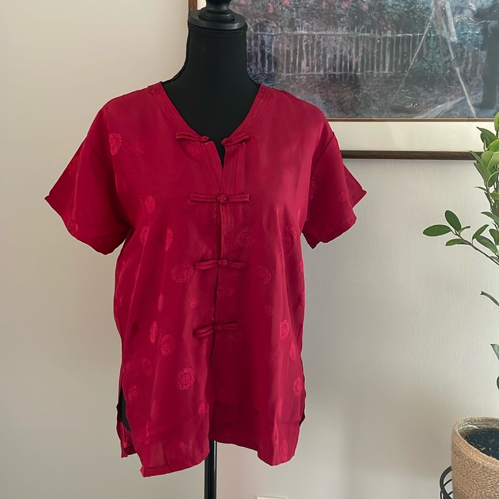 100% Silk Red Blouse Size Medium